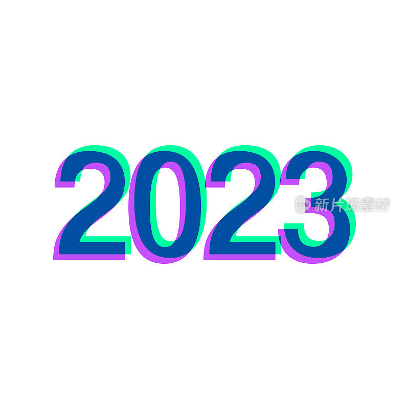 2023 - 2323。图标与两种颜色叠加在白色背景上